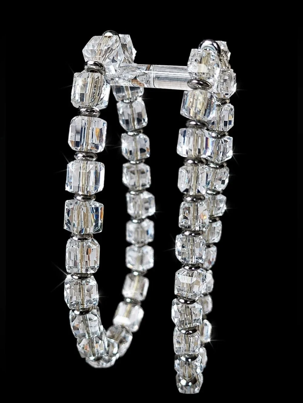 Pair of 2 Clear Square Crystal Glass Cube Stretch Bracelets Vintage Silver Tone
